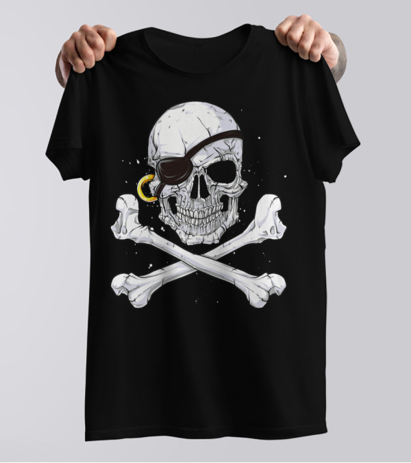 Jolly Roger Skull Crossbones Pirate Eye Patch Gold Earring T-Shirt