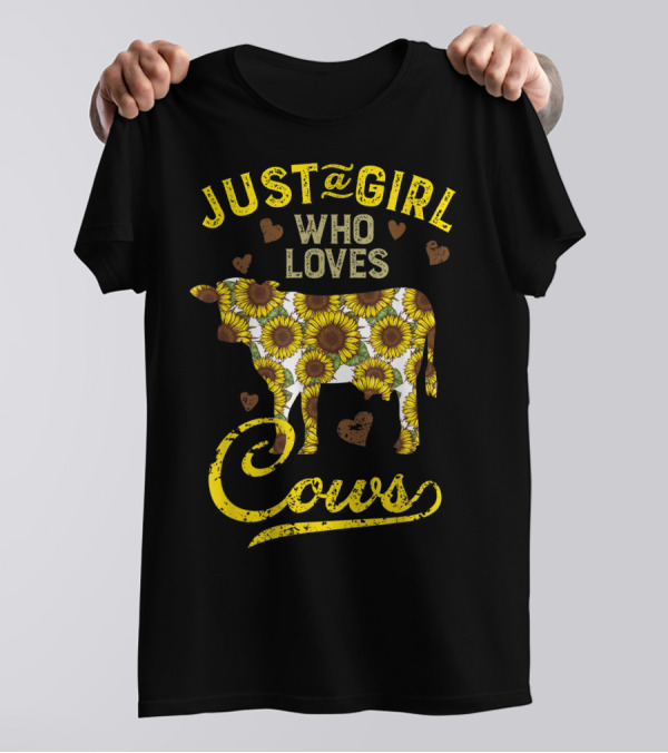 Just A Girl Who Loves Cows Sunflower Farm Sunflower Patterned Cow With Hearts T-Shirt