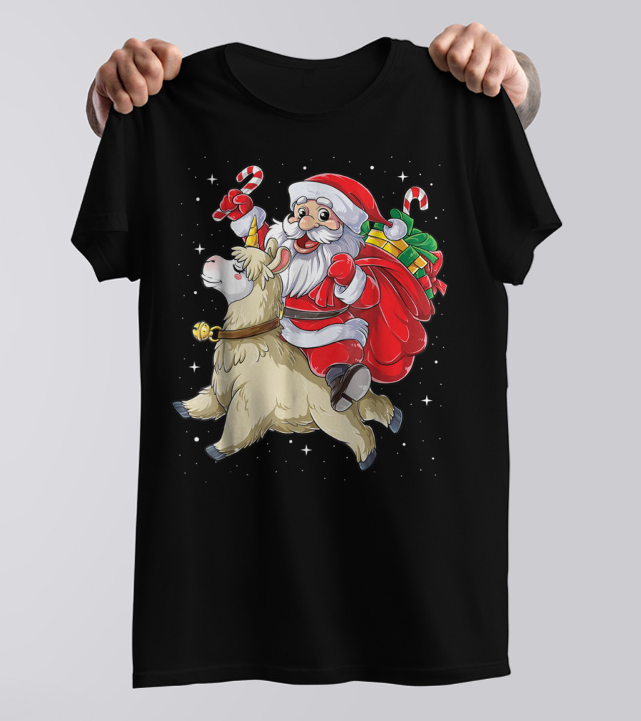 Santa Claus Riding Llamacorn Unicorn With Candy Canes And Gifts T-Shirt