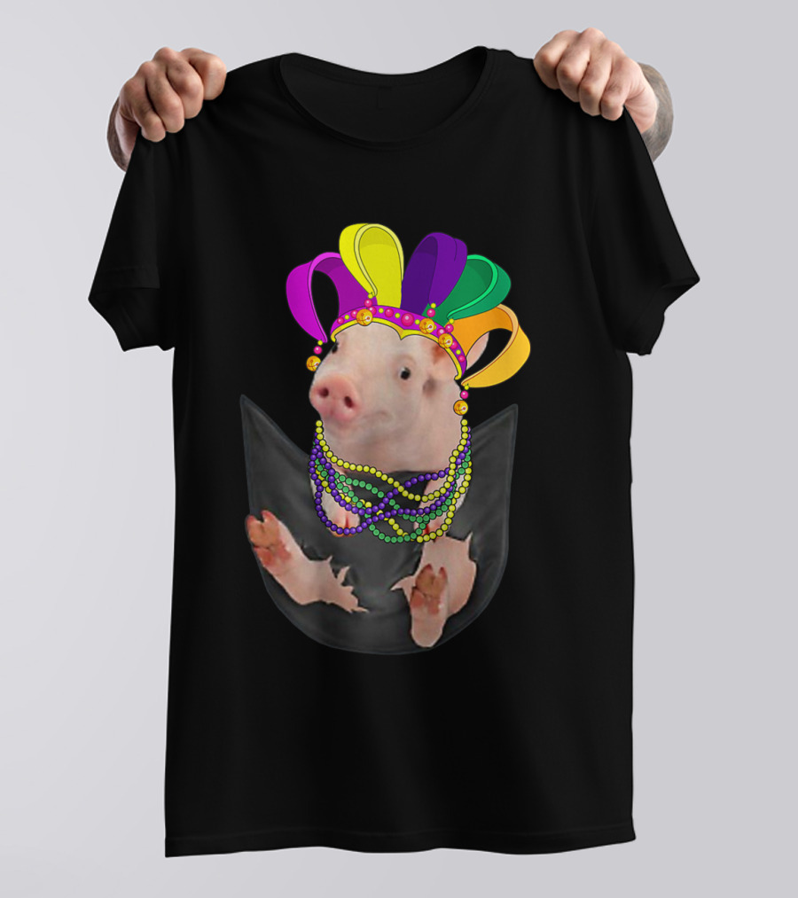 Mardi Gras Pig In Your Pocket With Colorful Beads And Jester Hat Farm Animal T-Shirt