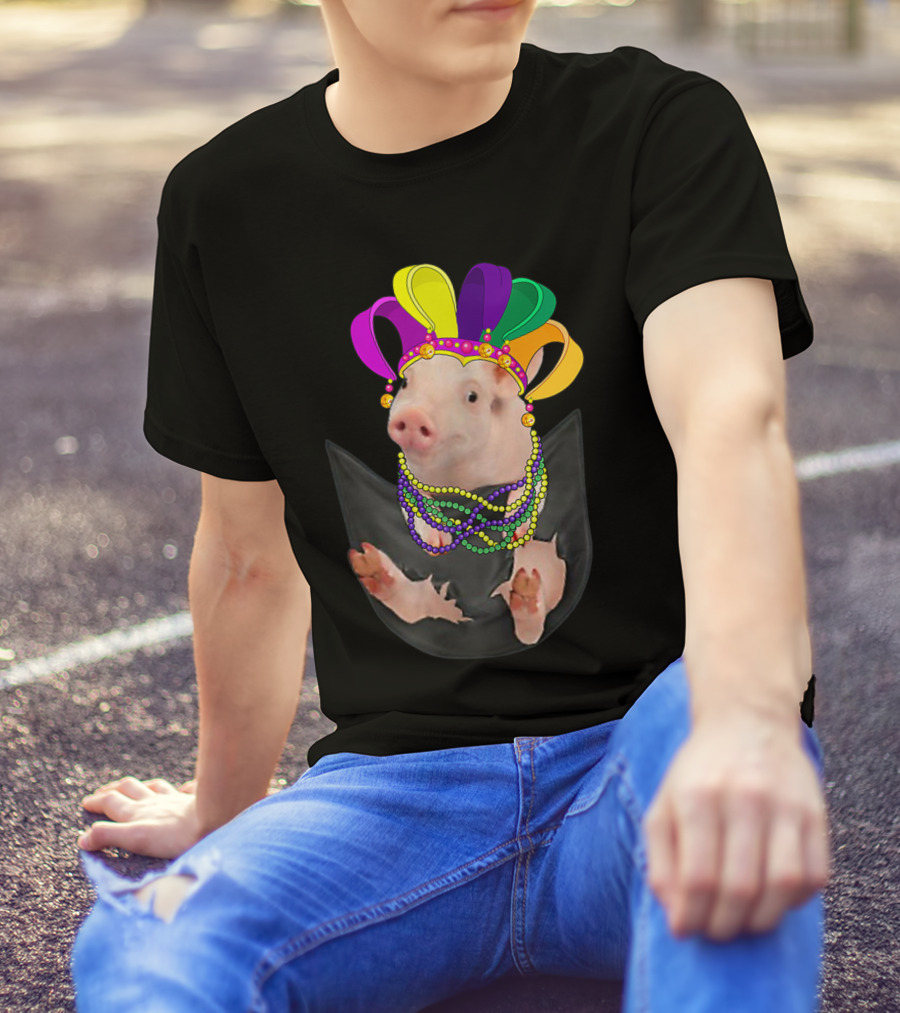 Mardi Gras Pig In Your Pocket With Colorful Beads And Jester Hat Farm Animal T-Shirt