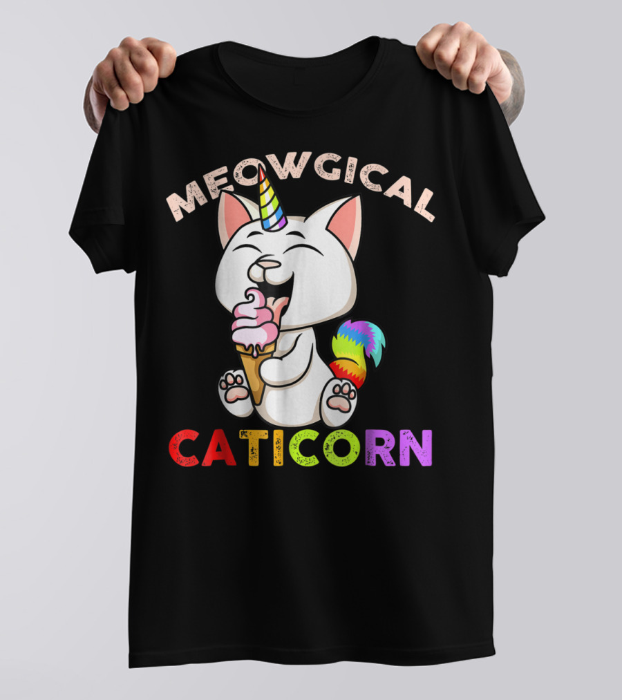 Meowgical Caticorn Rainbow Cat Unicorn Eating Ice Cream Cone T-Shirt