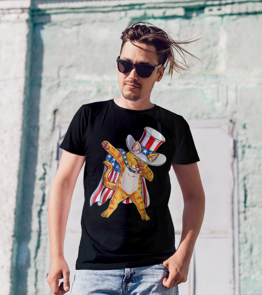 Meowica Dabbing Cat Patriotic Uncle Sam 4th Of July T-Shirt