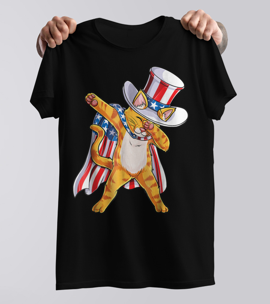 Meowica Dabbing Cat Patriotic Uncle Sam 4th Of July T-Shirt