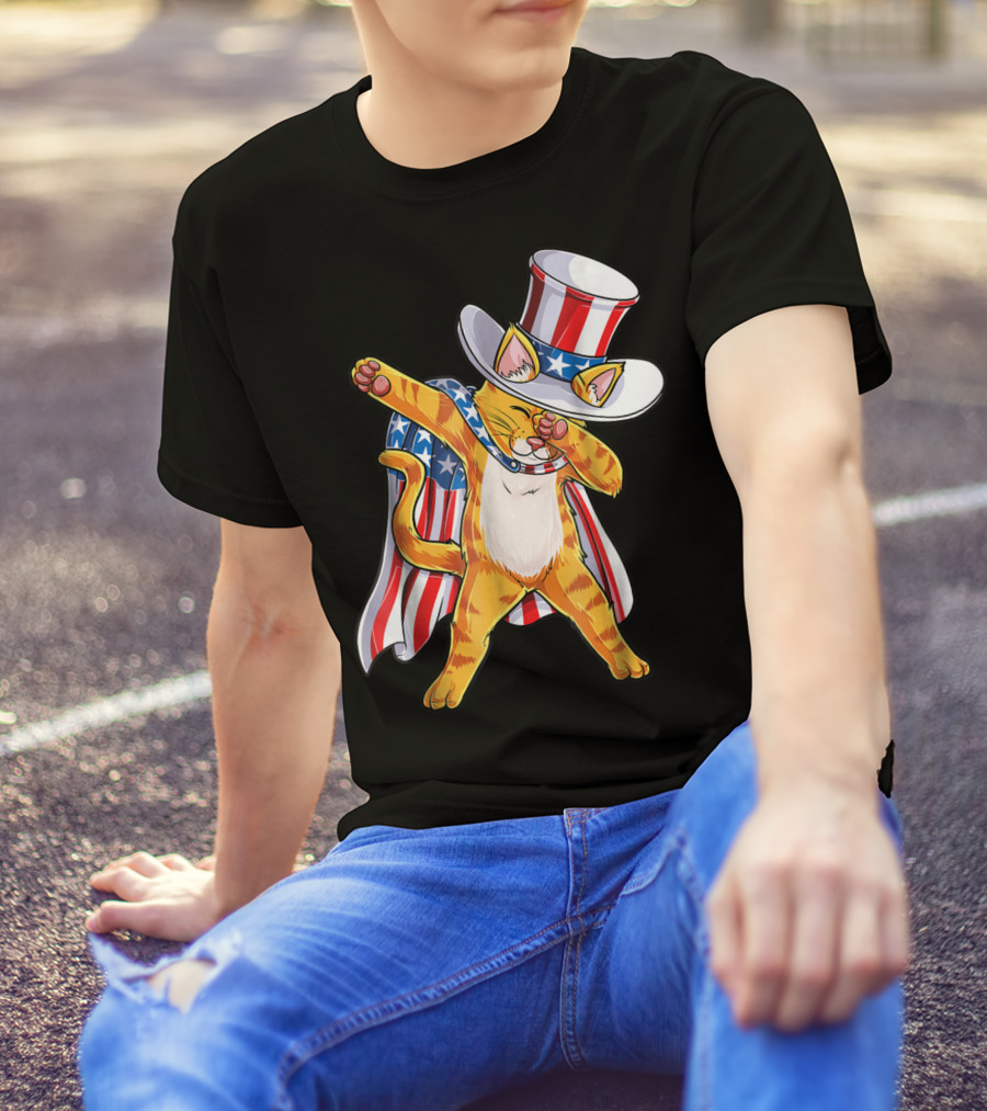 Meowica Dabbing Cat Patriotic Uncle Sam 4th Of July T-Shirt