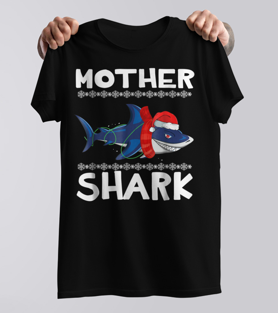 Mother Shark Ugly Christmas Sweater Santa Hat Family T-Shirt