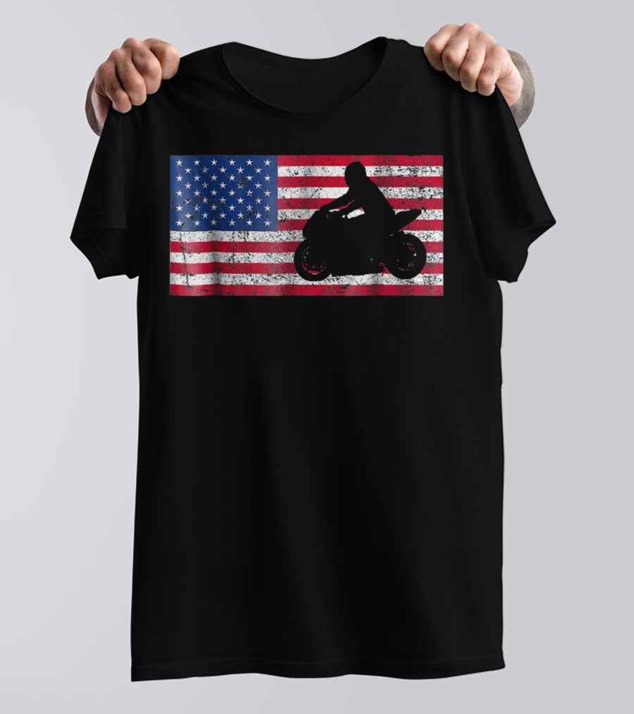 Moto Sport USA Flag Pride 4th Of July Motorbike Rider T-Shirt