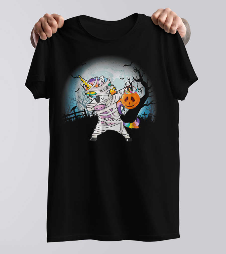 Halloween Mummy Unicorn Dabbing With Pumpkin Basket T-Shirt