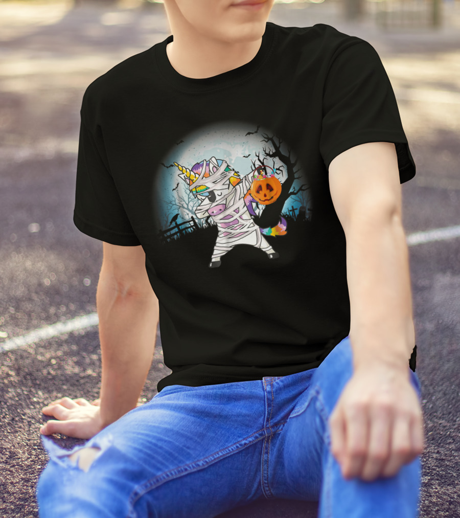 Halloween Mummy Unicorn Dabbing With Pumpkin Basket T-Shirt