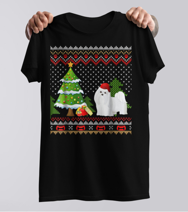 Maltese Santa Christmas UglyDog With Festive Tree And Gifts T-Shirt