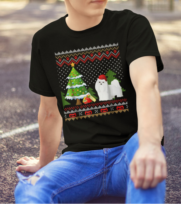 Maltese Santa Christmas UglyDog With Festive Tree And Gifts T-Shirt