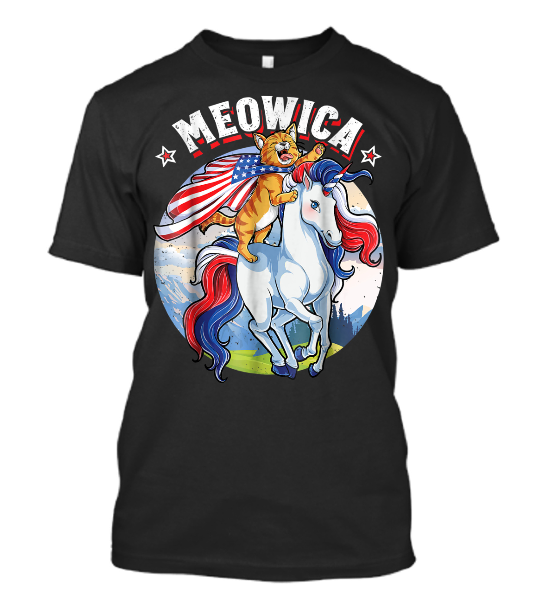 Meowica Cat Riding Patriotic Unicorn With American Flag For 4th Of July T-Shirt