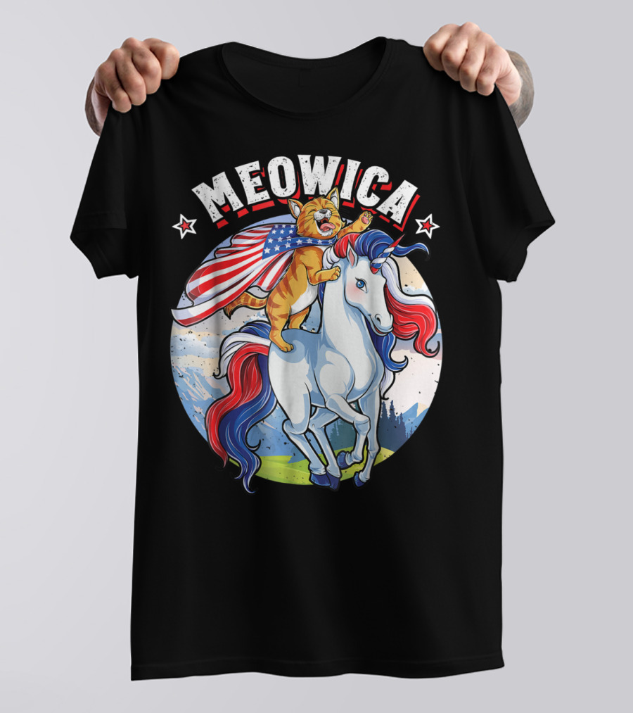 Meowica Cat Riding Patriotic Unicorn With American Flag For 4th Of July T-Shirt