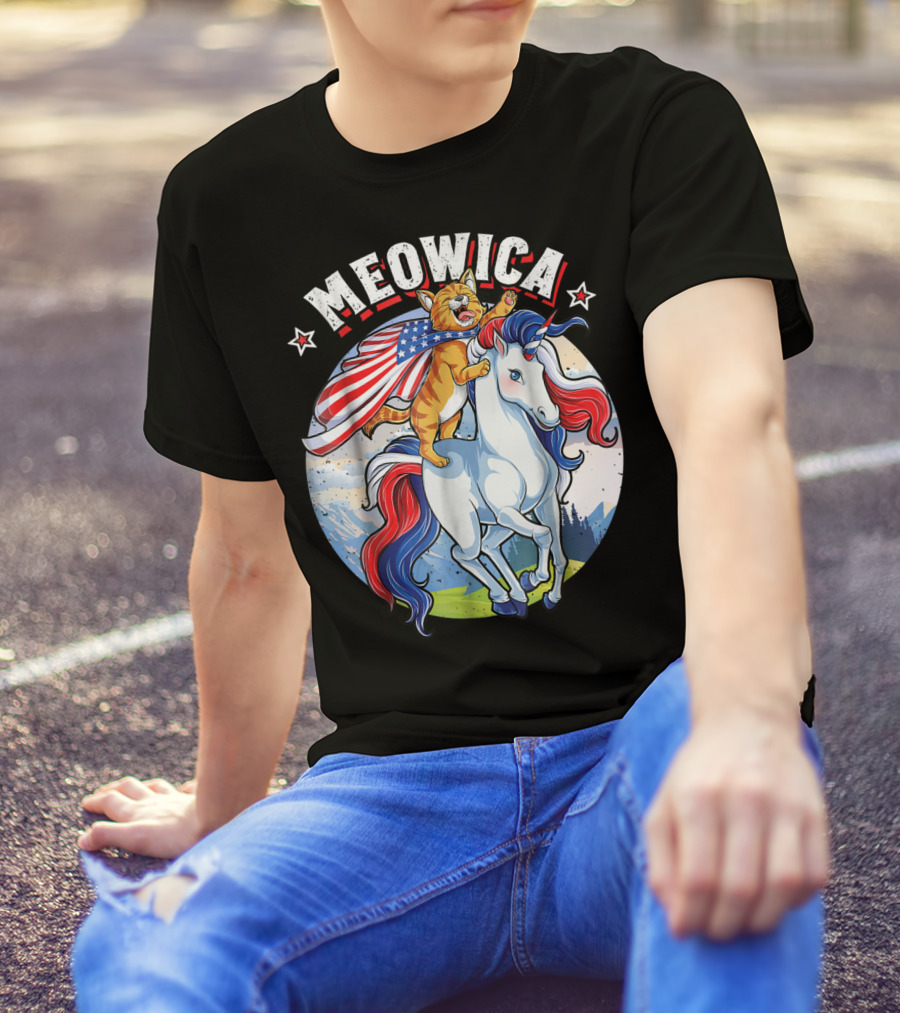 Meowica Cat Riding Patriotic Unicorn With American Flag For 4th Of July T-Shirt