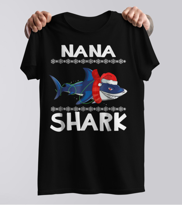 Nana Shark Christmas Sweater With Santa Hat And Snowflakes T-Shirt