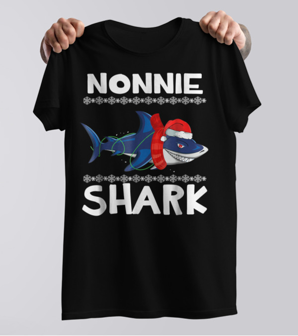 Nonnie Shark Christmas Family With Santa Hat And Scarf T-Shirt