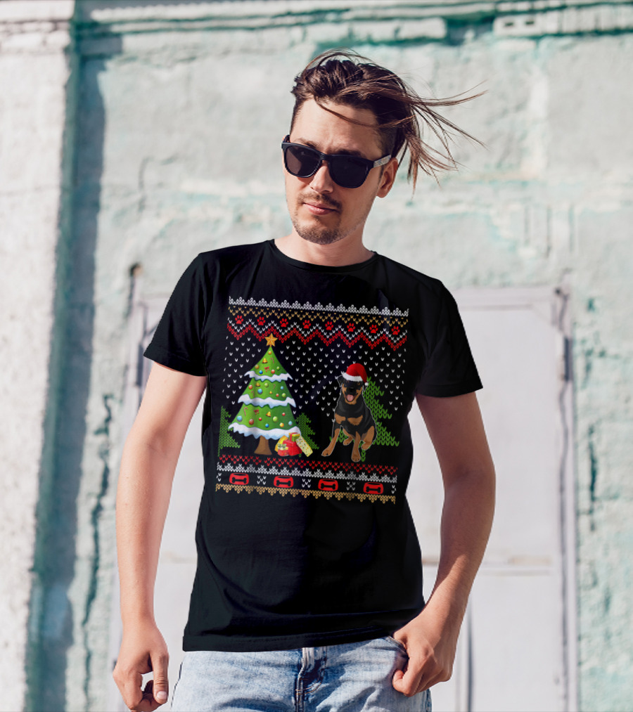 Rottweiler Santa Christmas Ugly Dog Sweater Tree And Gifts T-Shirt