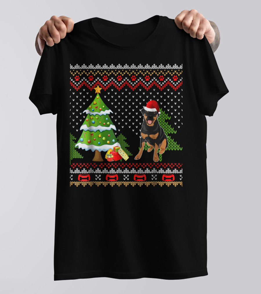 Rottweiler Santa Christmas Ugly Dog Sweater Tree And Gifts T-Shirt