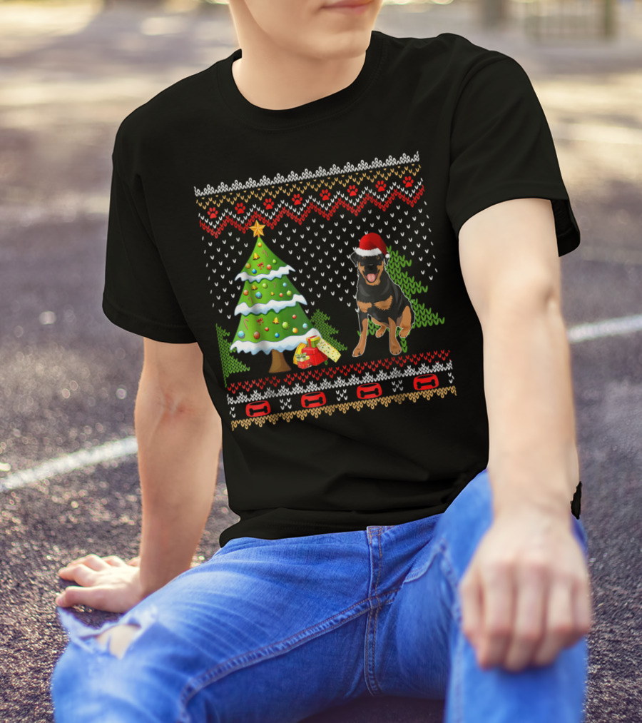 Rottweiler Santa Christmas Ugly Dog Sweater Tree And Gifts T-Shirt
