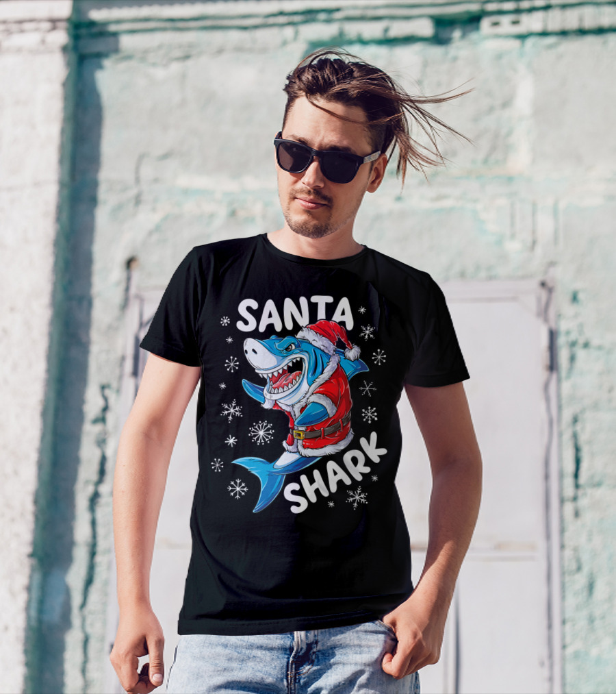 Santa Shark Holiday Cheer Snowflakes T-Shirt
