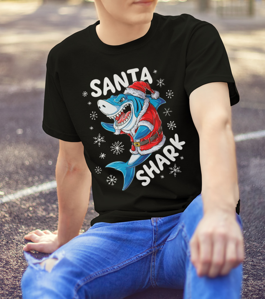 Santa Shark Holiday Cheer Snowflakes T-Shirt