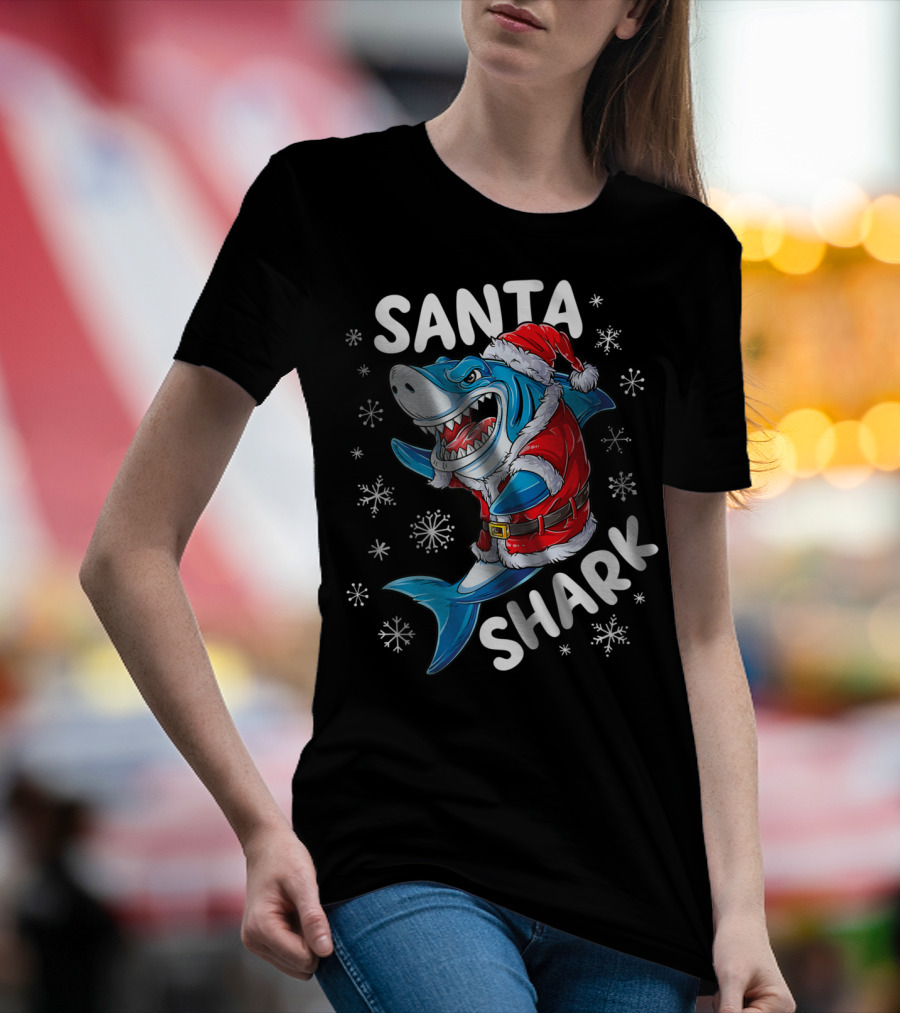 Santa Shark Holiday Cheer Snowflakes T-Shirt