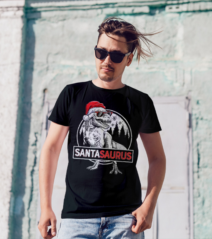 Santasaurus Dinosaur Rex Christmas T-Rex Wearing Santa Hat And Sunglasses T-Shirt