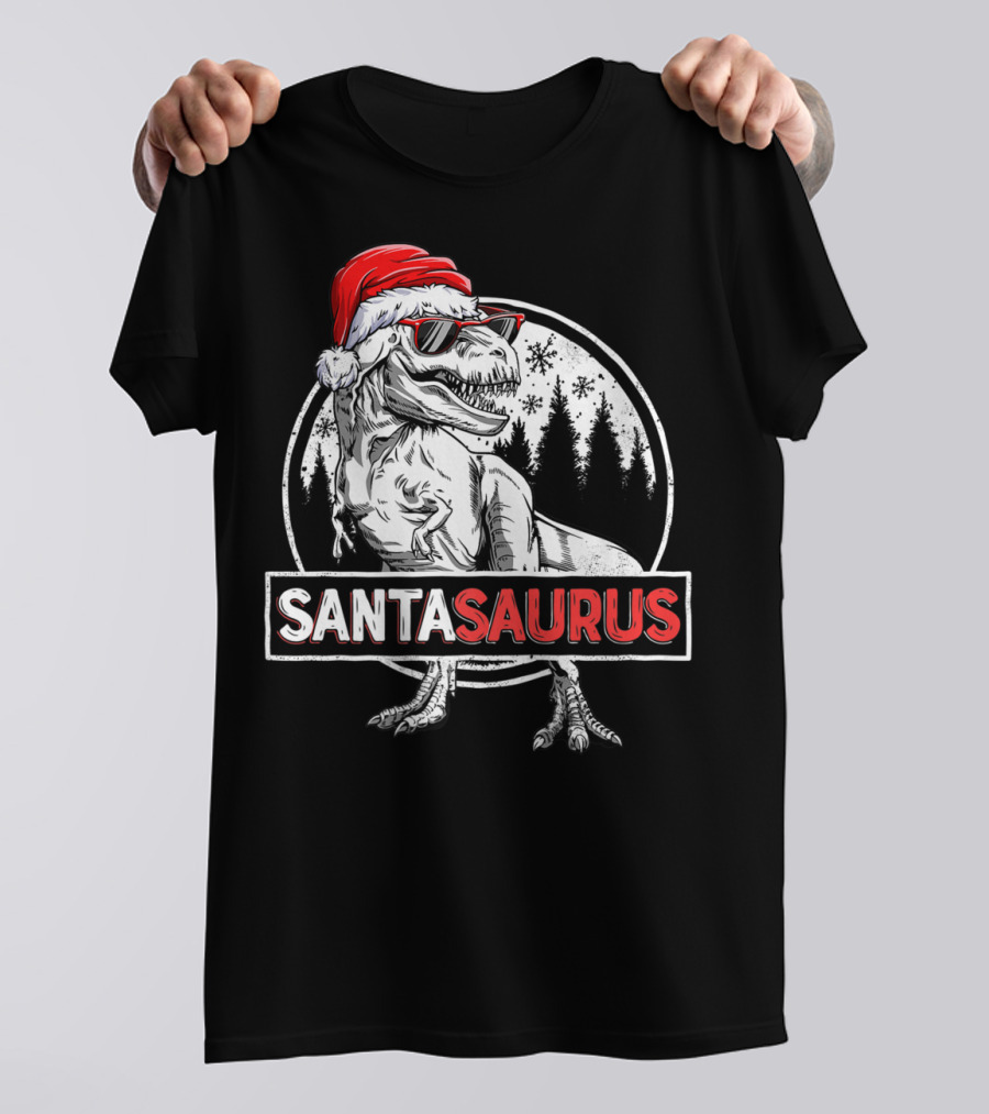 Santasaurus Dinosaur Rex Christmas T-Rex Wearing Santa Hat And Sunglasses T-Shirt