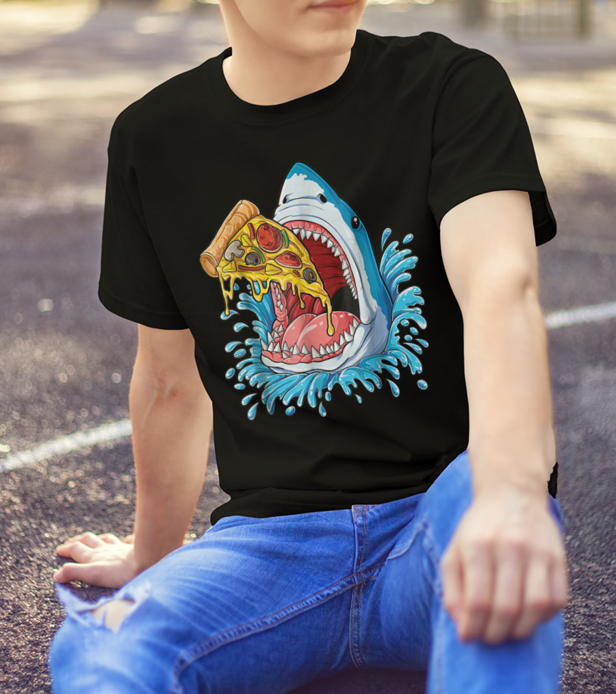 Shark Eating Pizza Splash Kids Boys Food Lovers T-Shirt