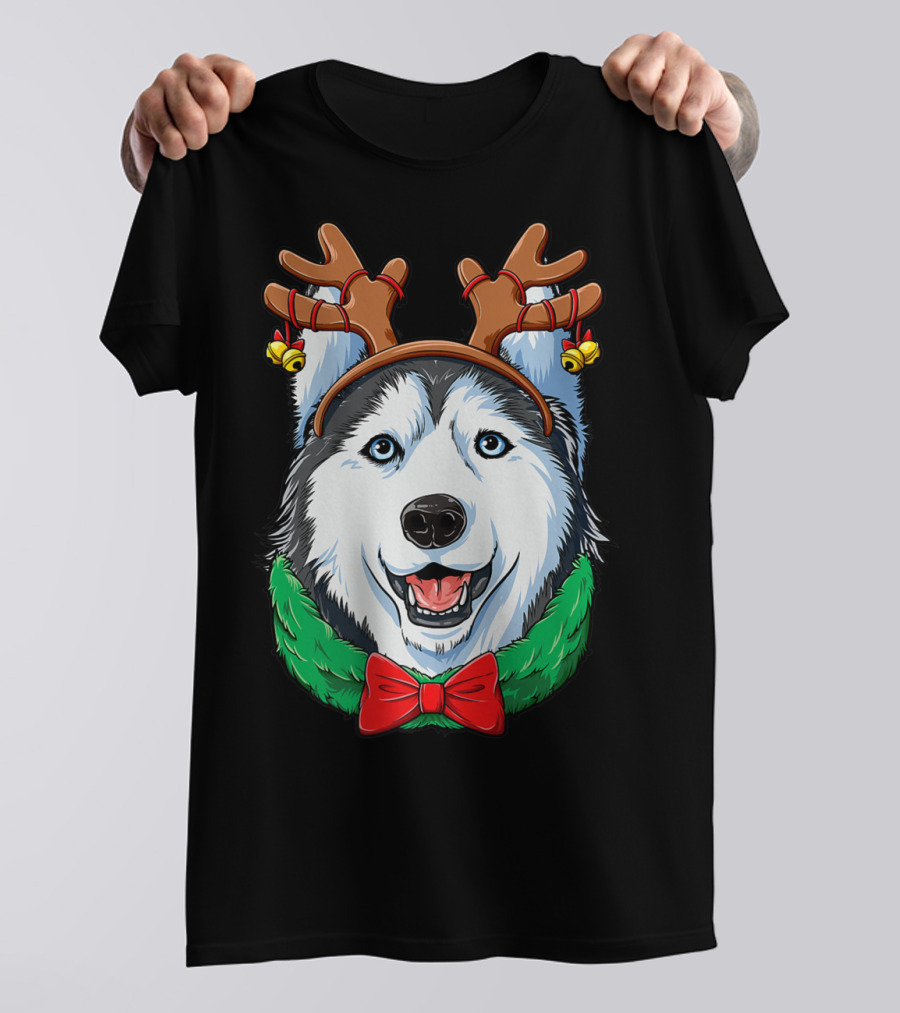 Siberian Husky With Christmas Reindeer Antlers And Festive Bow T-Shirt