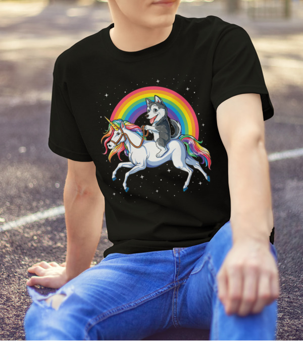 Siberian Husky Riding Rainbow Unicorn In Space Galaxy MK Women's T-Shirt