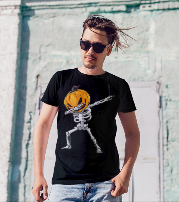 Skeleton Dabbing Halloween Scary Pumpkin Head Dance T-Shirt