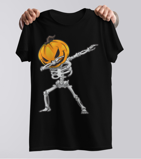 Skeleton Dabbing Halloween Scary Pumpkin Head Dance T-Shirt