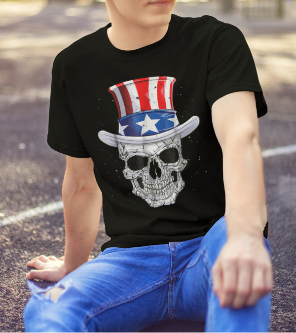 Skull Uncle Sam Hat 4th Of July American Flag T-Shirt