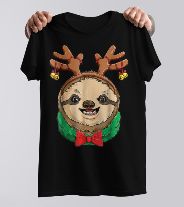 Sloth Christmas Reindeer Antlers Slothmas Xmas Festive Bow And Bells T-Shirt