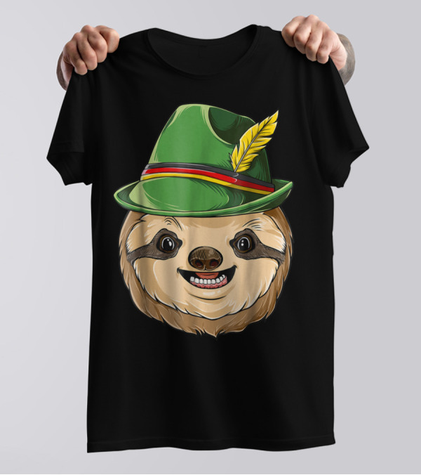 Sloth Oktoberfest Lederhosen Hat With Feather T-Shirt
