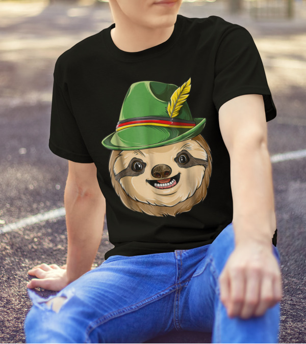 Sloth Oktoberfest Lederhosen Hat With Feather T-Shirt