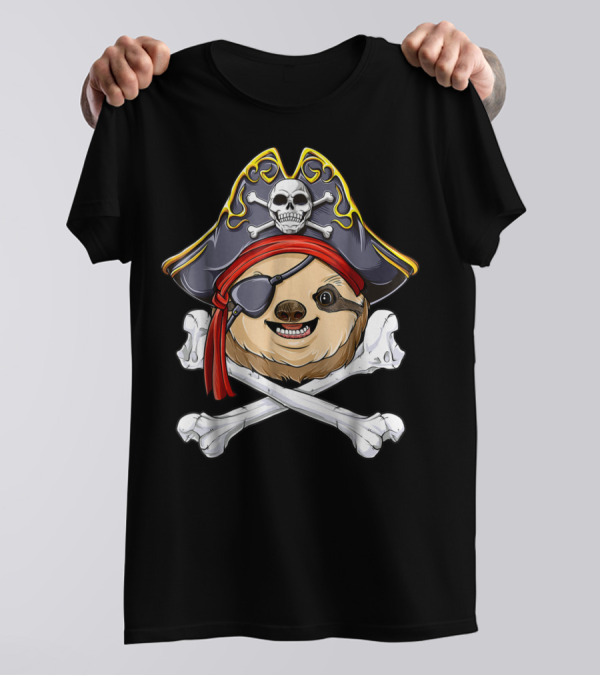Pirate Sloth With Jolly Roger Skull And Crossbones T-Shirt