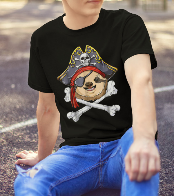 Pirate Sloth With Jolly Roger Skull And Crossbones T-Shirt