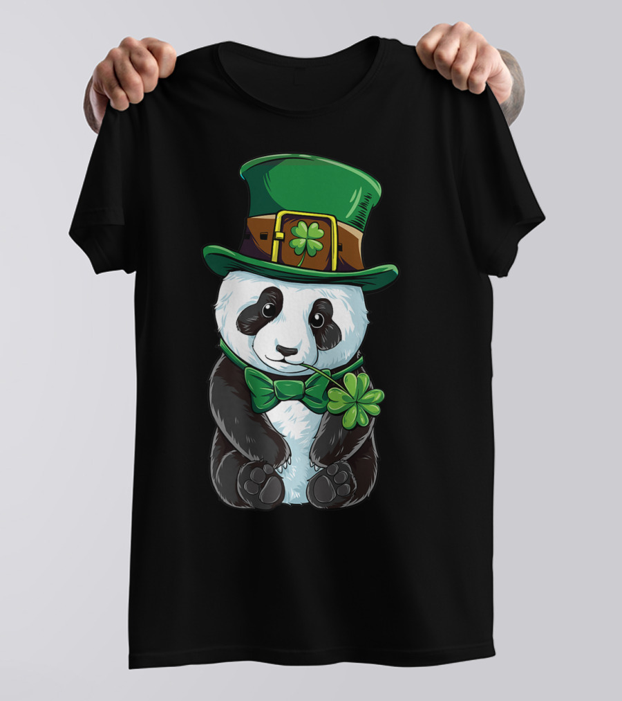 St Patricks Day Leprechaun Panda With Clover Cute Irish T-Shirt