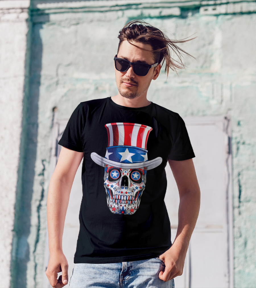 Uncle Sam Sugar Skull American Flag 4th Of July T-Shirt