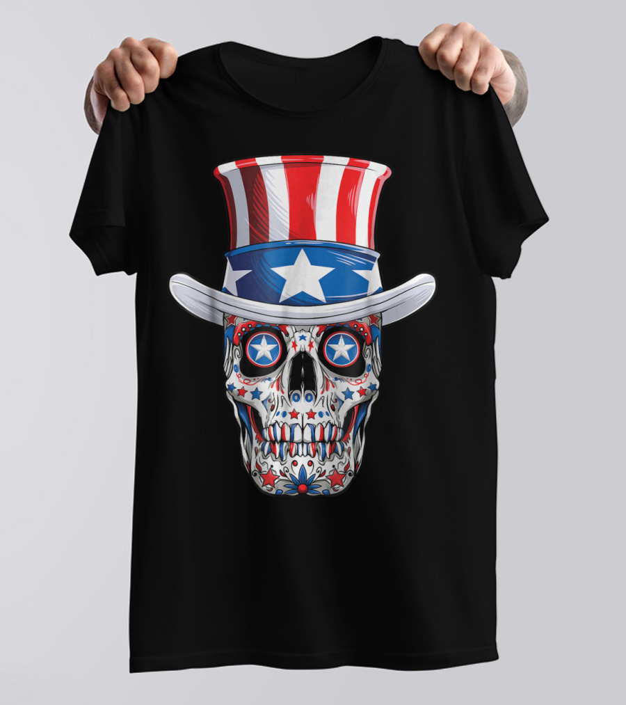 Uncle Sam Sugar Skull American Flag 4th Of July T-Shirt