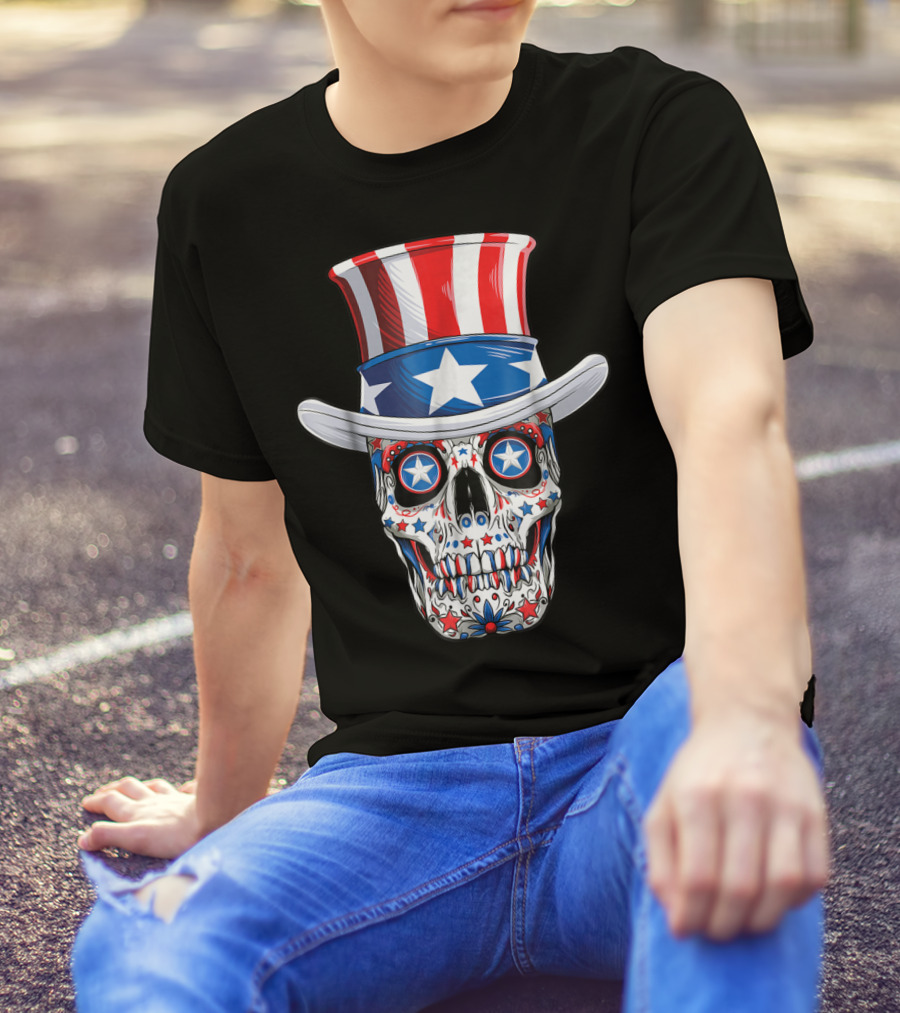 Uncle Sam Sugar Skull American Flag 4th Of July T-Shirt