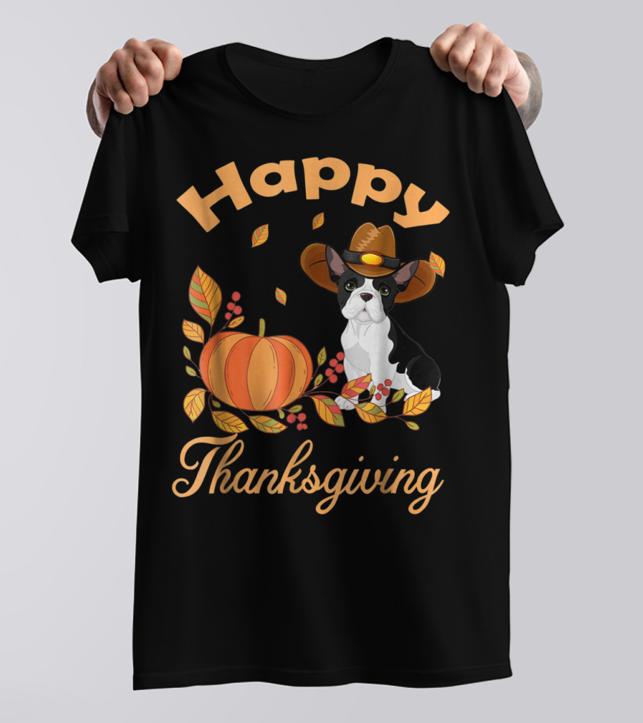 Happy Thanksgiving French Bulldogs Pilgrim Pumpkin Leaves T-Shirt