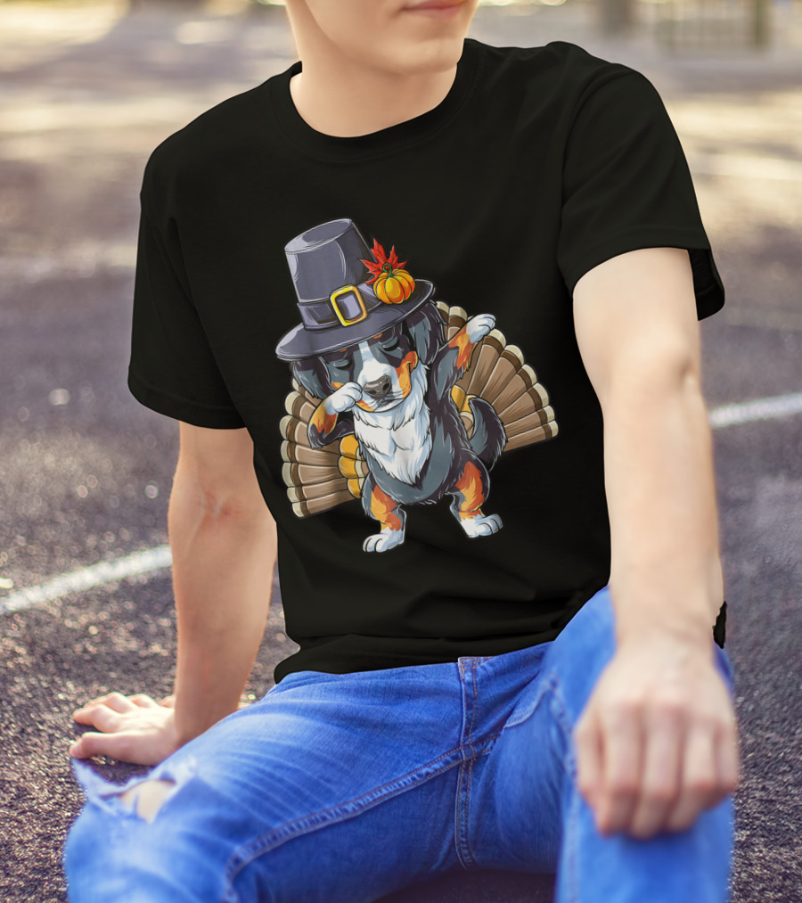 Thanksgiving Dabbing Pilgrim Bernese Mountain Dog Turkey T-Shirt