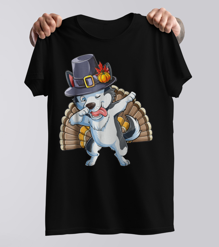 Thanksgiving Dabbing Siberian Husky In Pilgrim Hat With Turkey Feathers T-Shirt