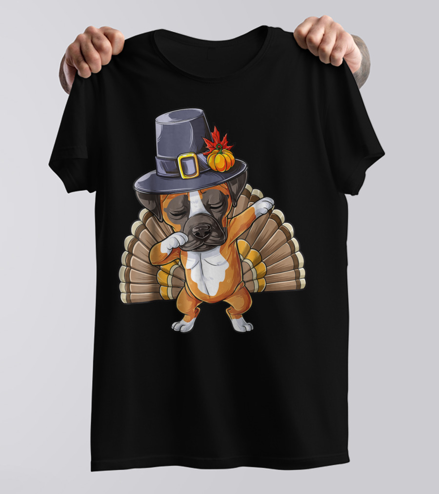 Thanksgiving Dabbing Boxer Turkey Dog In Pilgrim Hat T-Shirt