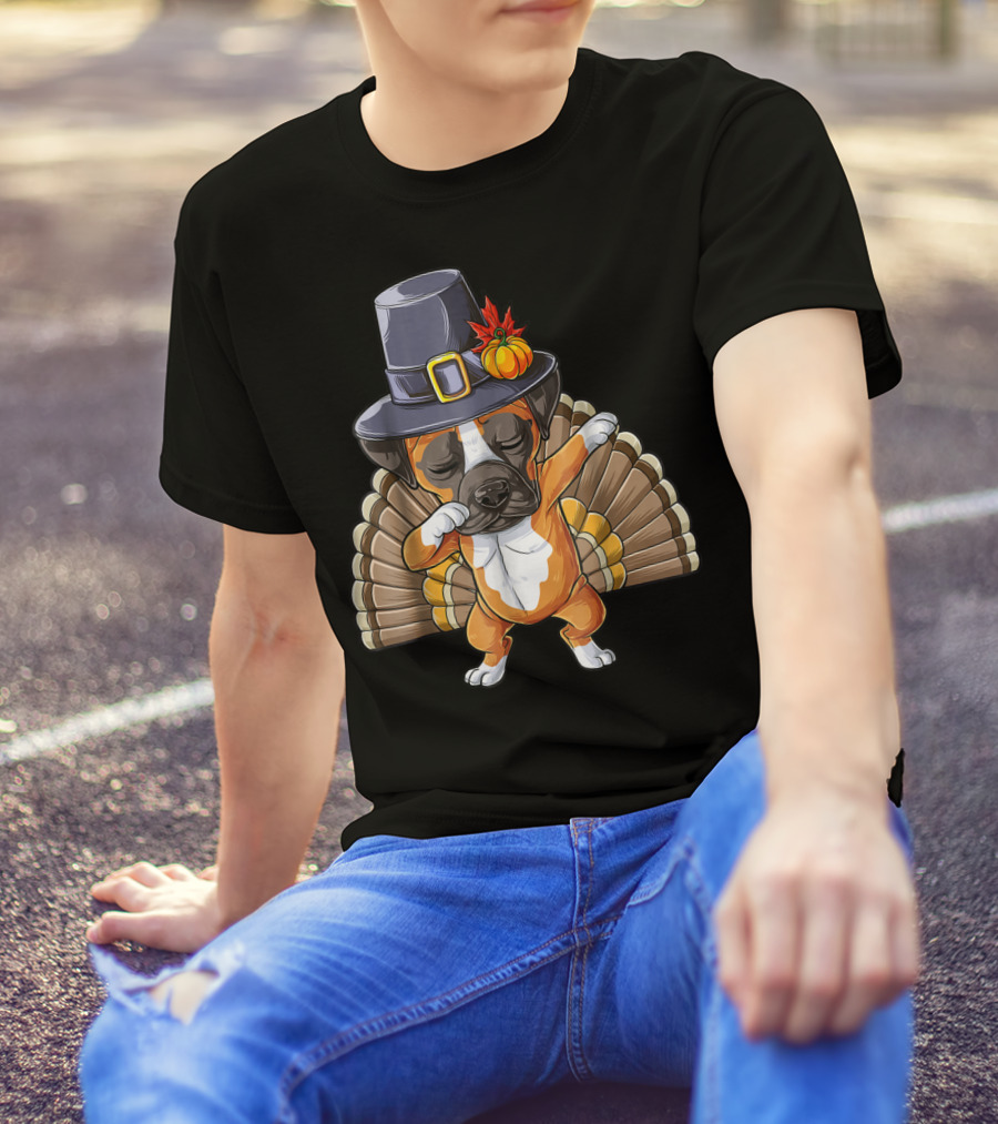 Thanksgiving Dabbing Boxer Turkey Dog In Pilgrim Hat T-Shirt