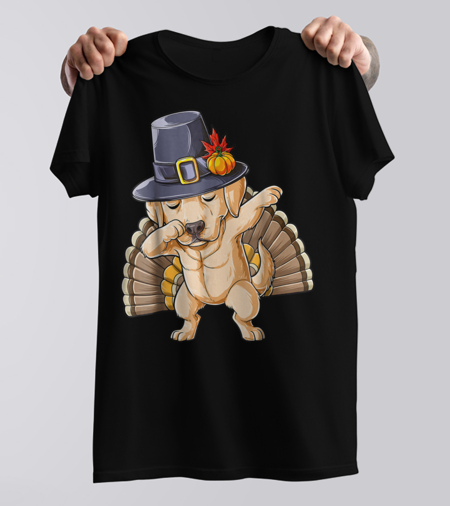 Thanksgiving Labrador Dabbing In Pilgrim Hat With Turkey Feathers T-Shirt