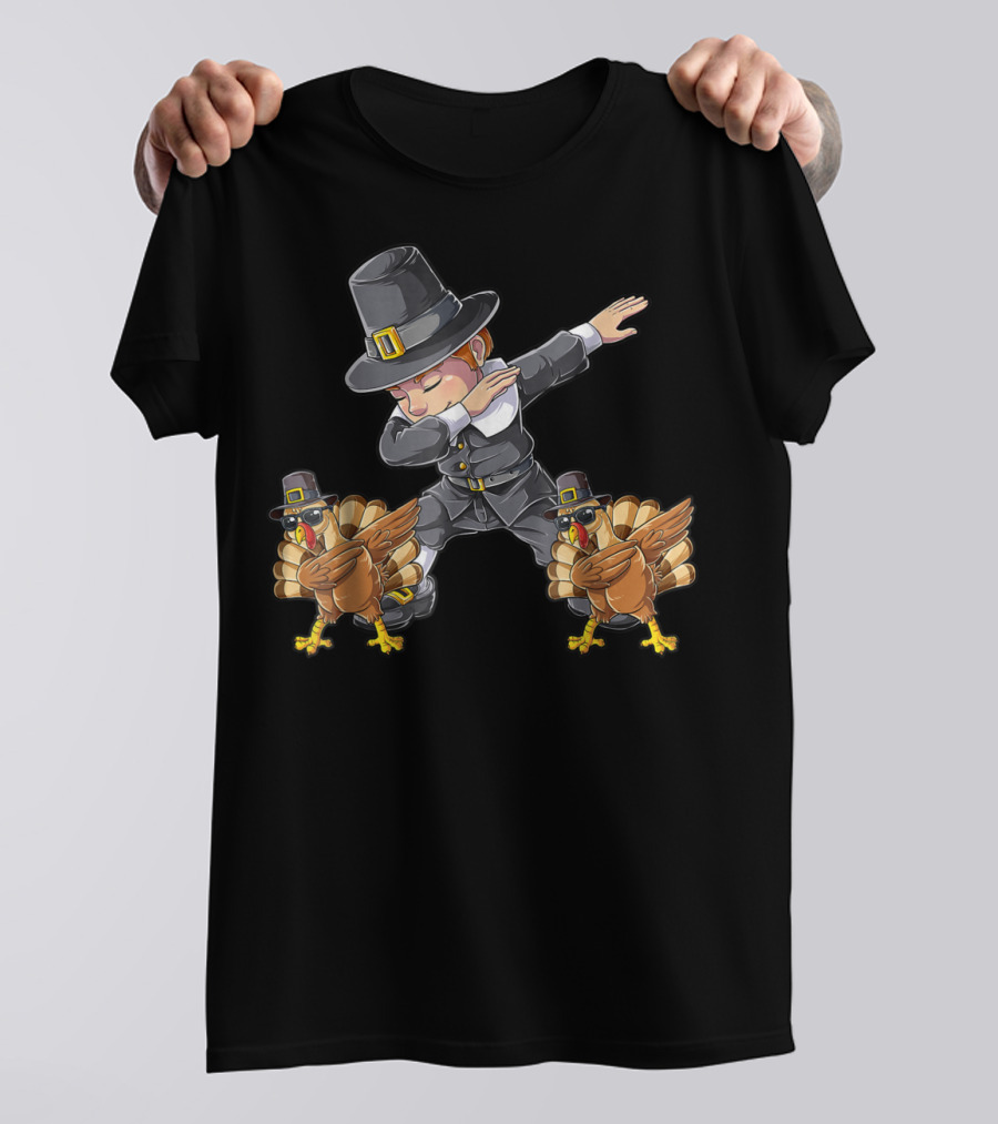 Thanksgiving Dabbing Pilgrim With Turkeys Kids UL T-Shirt